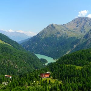 Preview wallpaper mountains, trees, forest, house, lake, nature, landscape