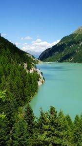 Preview wallpaper mountains, trees, forest, lake, landscape, aerial view