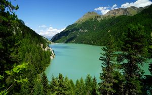 Preview wallpaper mountains, trees, forest, lake, landscape, aerial view