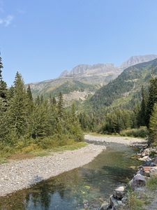 Preview wallpaper mountains, trees, forest, river, landscape, nature