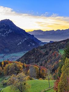 Preview wallpaper mountains, trees, forest, landscape, nature, autumn