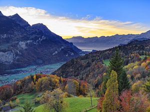 Preview wallpaper mountains, trees, forest, landscape, nature, autumn