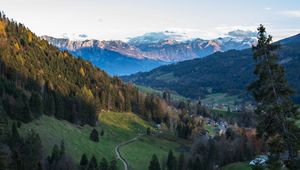 Preview wallpaper mountains, trees, forest, trail, houses, nature