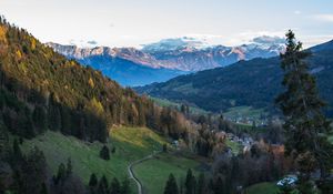 Preview wallpaper mountains, trees, forest, trail, houses, nature