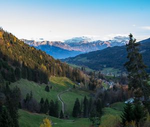 Preview wallpaper mountains, trees, forest, trail, houses, nature