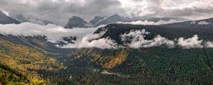 Preview wallpaper mountains, trees, forest, valley, clouds, landscape