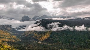 Preview wallpaper mountains, trees, forest, valley, clouds, landscape