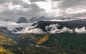 Preview wallpaper mountains, trees, forest, valley, clouds, landscape