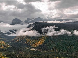 Preview wallpaper mountains, trees, forest, valley, clouds, landscape