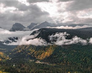 Preview wallpaper mountains, trees, forest, valley, clouds, landscape