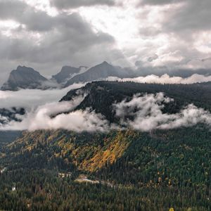 Preview wallpaper mountains, trees, forest, valley, clouds, landscape