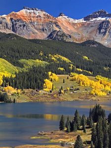 Preview wallpaper mountains, trees, fur-trees, autumn, colors, green, yellow, water