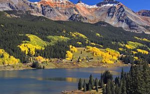 Preview wallpaper mountains, trees, fur-trees, autumn, colors, green, yellow, water