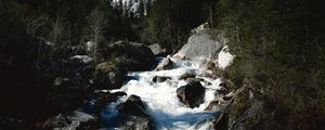 Preview wallpaper mountains, trees, fur-trees, mountain river, stones, rocks, current, speed