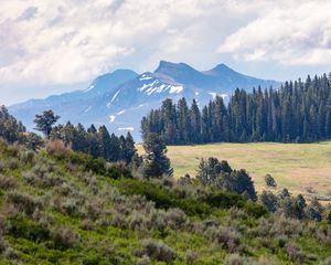 Preview wallpaper mountains, trees, glade, nature, landscape