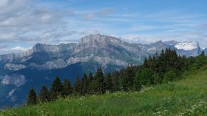 Preview wallpaper mountains, trees, grass, nature