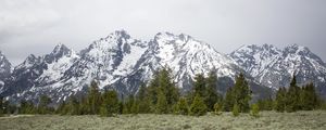 Preview wallpaper mountains, trees, grass, snow, nature, valley