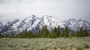 Preview wallpaper mountains, trees, grass, snow, nature, valley