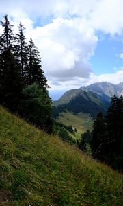 Preview wallpaper mountains, trees, greenery, mountain range, landscape