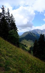 Preview wallpaper mountains, trees, greenery, mountain range, landscape