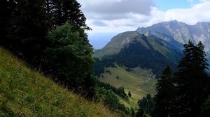 Preview wallpaper mountains, trees, greenery, mountain range, landscape