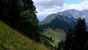 Preview wallpaper mountains, trees, greenery, mountain range, landscape