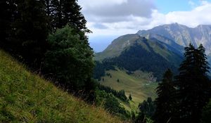 Preview wallpaper mountains, trees, greenery, mountain range, landscape