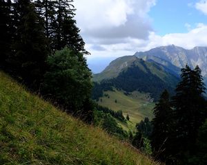 Preview wallpaper mountains, trees, greenery, mountain range, landscape