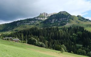 Preview wallpaper mountains, trees, hill, landscape, nature