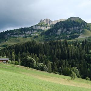 Preview wallpaper mountains, trees, hill, landscape, nature