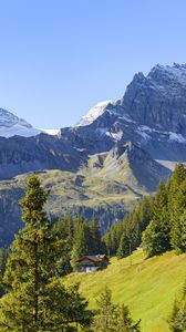 Preview wallpaper mountains, trees, house, landscape, nature