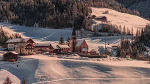 Preview wallpaper mountains, trees, houses, snow, winter