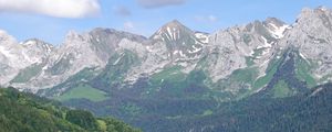 Preview wallpaper mountains, trees, houses, village, landscape, aerial view