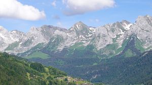 Preview wallpaper mountains, trees, houses, village, landscape, aerial view