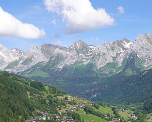 Preview wallpaper mountains, trees, houses, village, landscape, aerial view