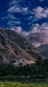 Preview wallpaper mountains, trees, houses, landscape, nature