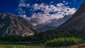 Preview wallpaper mountains, trees, houses, landscape, nature