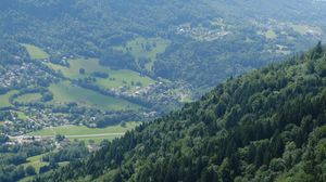 Preview wallpaper mountains, trees, houses, landscape, aerial view