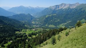 Preview wallpaper mountains, trees, houses, nature, landscape