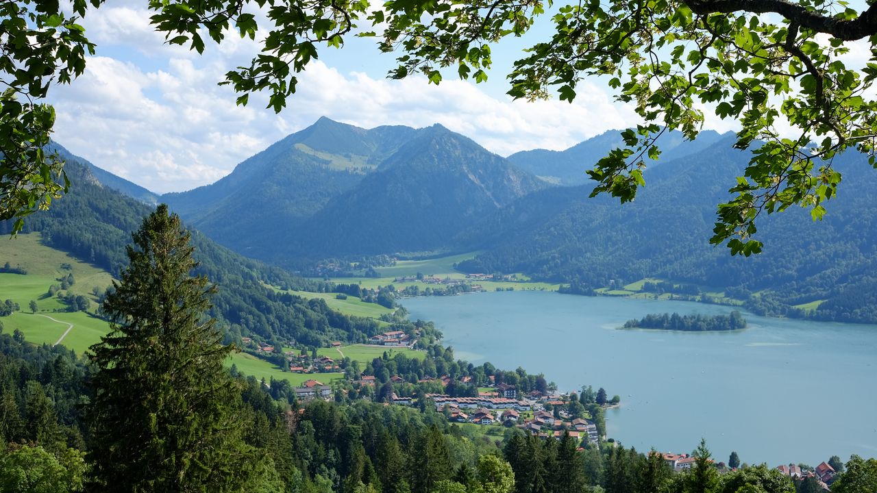 Wallpaper mountains, trees, houses, aerial view, landscape