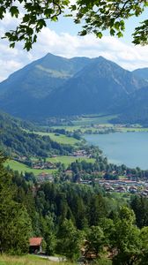 Preview wallpaper mountains, trees, houses, aerial view, landscape