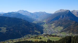 Preview wallpaper mountains, trees, houses, village, nature, landscape