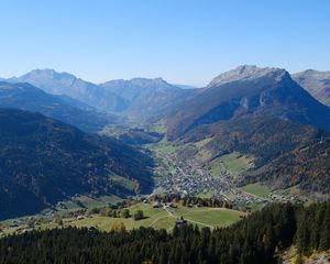 Preview wallpaper mountains, trees, houses, village, nature, landscape