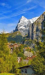 Preview wallpaper mountains, trees, houses, roofs, nature