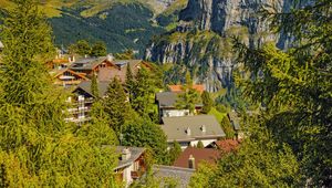 Preview wallpaper mountains, trees, houses, roofs, nature