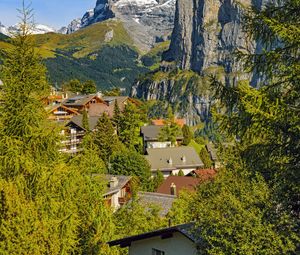 Preview wallpaper mountains, trees, houses, roofs, nature