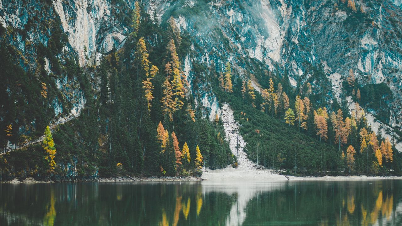 Wallpaper mountains, trees, lake, pier, reflection, italy