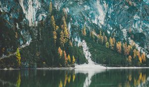 Preview wallpaper mountains, trees, lake, pier, reflection, italy