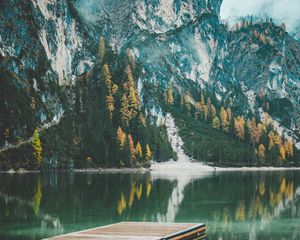 Preview wallpaper mountains, trees, lake, pier, reflection, italy
