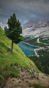Preview wallpaper mountains, trees, lake, dam, landscape